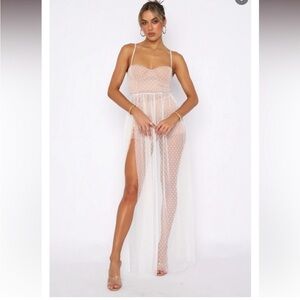 White Fox sheer maxi dress with coordinating nude shorts.